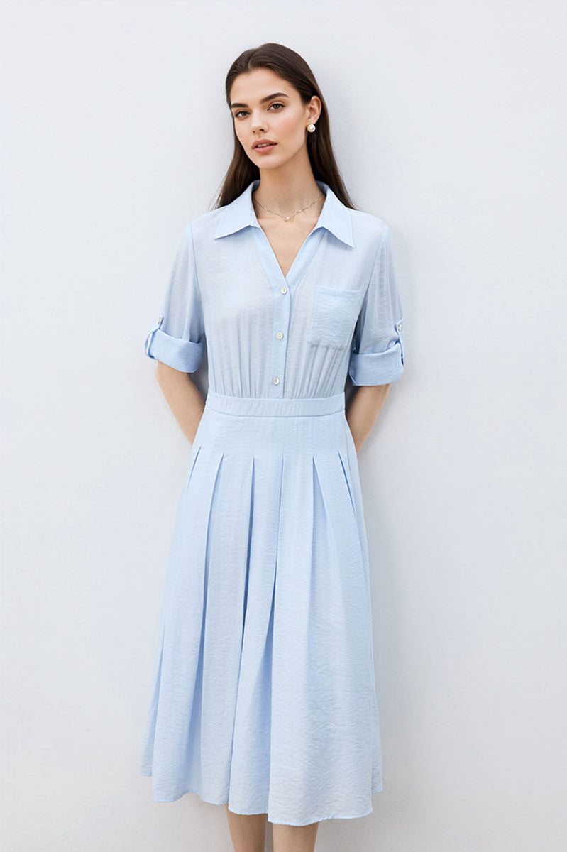 Solid Mesh Mock Neck Midi Long Sleeve Dress-Baby Blue