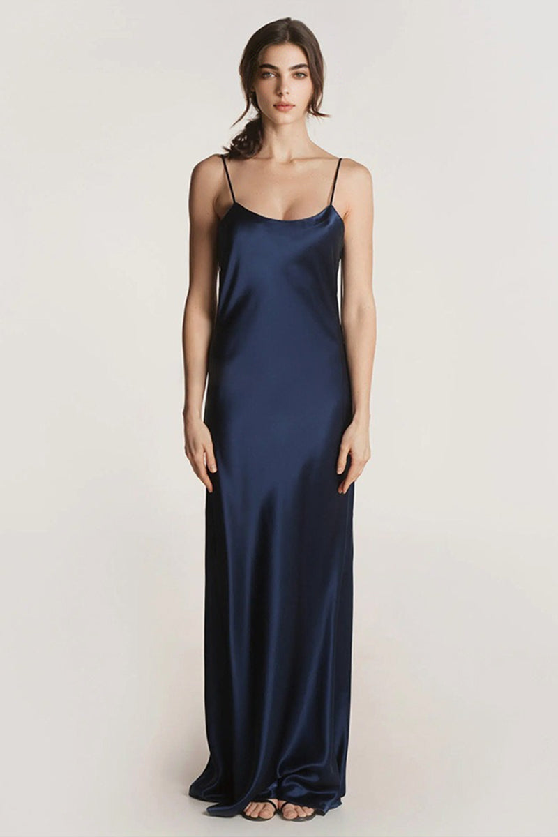 Blue Silk Backless Maxi Slip Dress Mid Night Blue / M