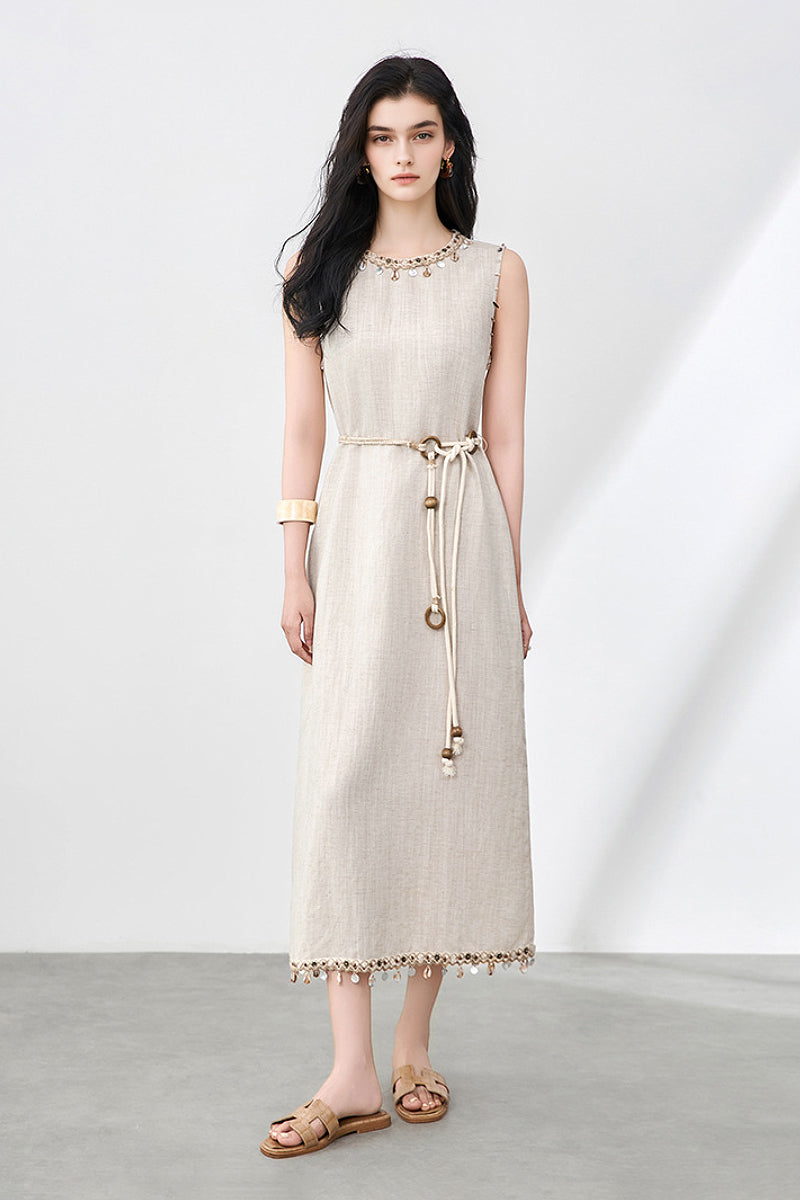 Bohemian Linen Sleeveless Midi Shift Dress in Beige M / Oak Beige / 70% Lyocell 30% Linen