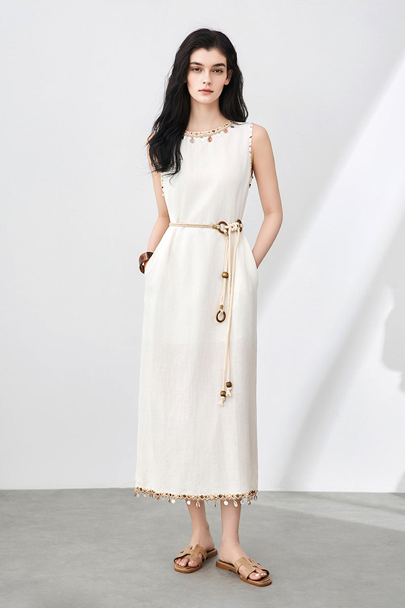 Bohemian Linen Sleeveless Midi Shift Dress in White M / Ivory / 70% Lyocell 30% Linen