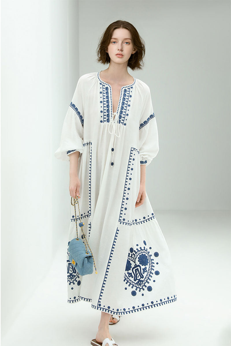 Fibflx Women's Boho Embroidered Long-Sleeve Split-Neck Maxi Dress Fibflx Women's Boho Embroidered Long-Sleeve Split-Neck Maxi Dress