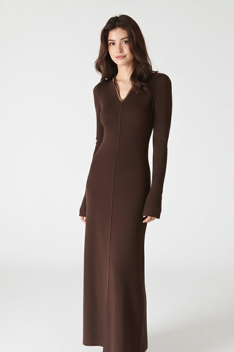 floor length sweater dress Brown Wool-Blend Long Sleeve V-Neck Coconut Brown / S Color:White/Pink 21986 La Femme Short board70 and can be completed