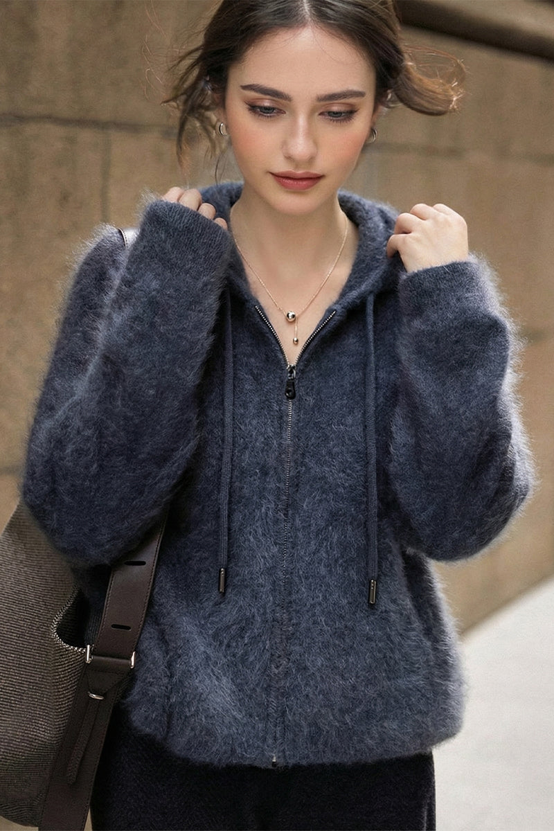 Fibflx Women's Brushed Cashmere Hooded Zip-Up Cardigan
