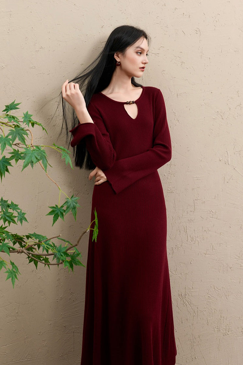 Burgundy Long Sleeve Keyhole Midi Sweater Dress Crimson Red / XS