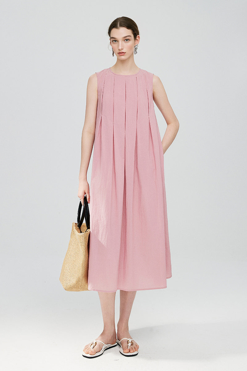 chinese dress ladies Causal Summer Pleat Textured Light Pink Midi Tank Dress Xs / Pink / 61.6% Organic Cotton 34% Nylon