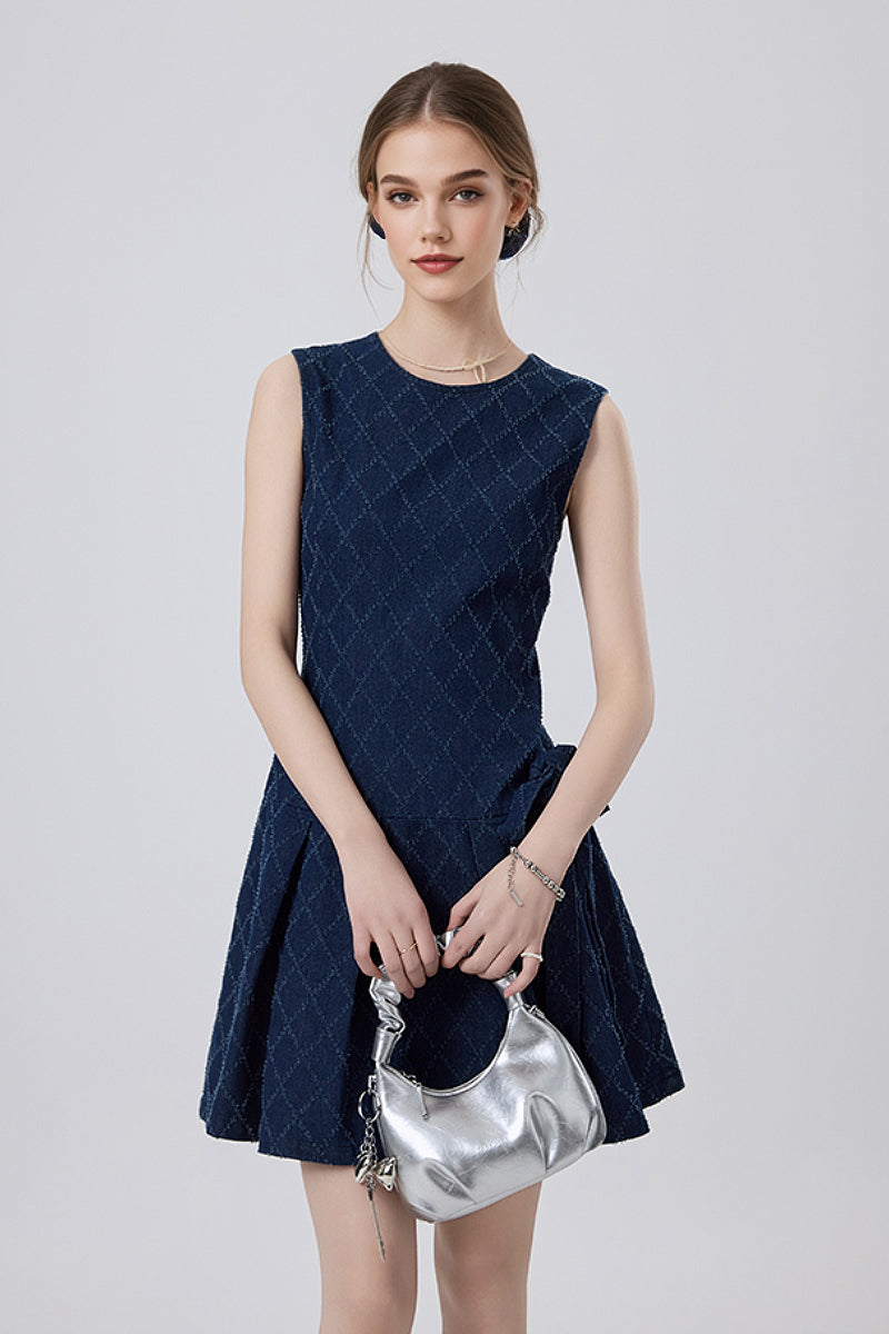 argyle mini dress Denim Argyle Sleeveless Bow Mini Dress S / Mid Night Blue Denim / 100% Polyamide