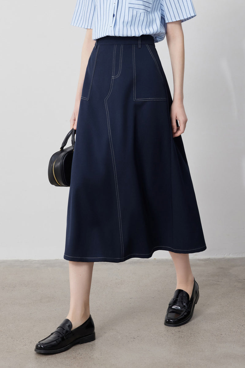 Fibflx Women's Denim-Inspired High-Waisted A-Line Midi Cargo Skirt