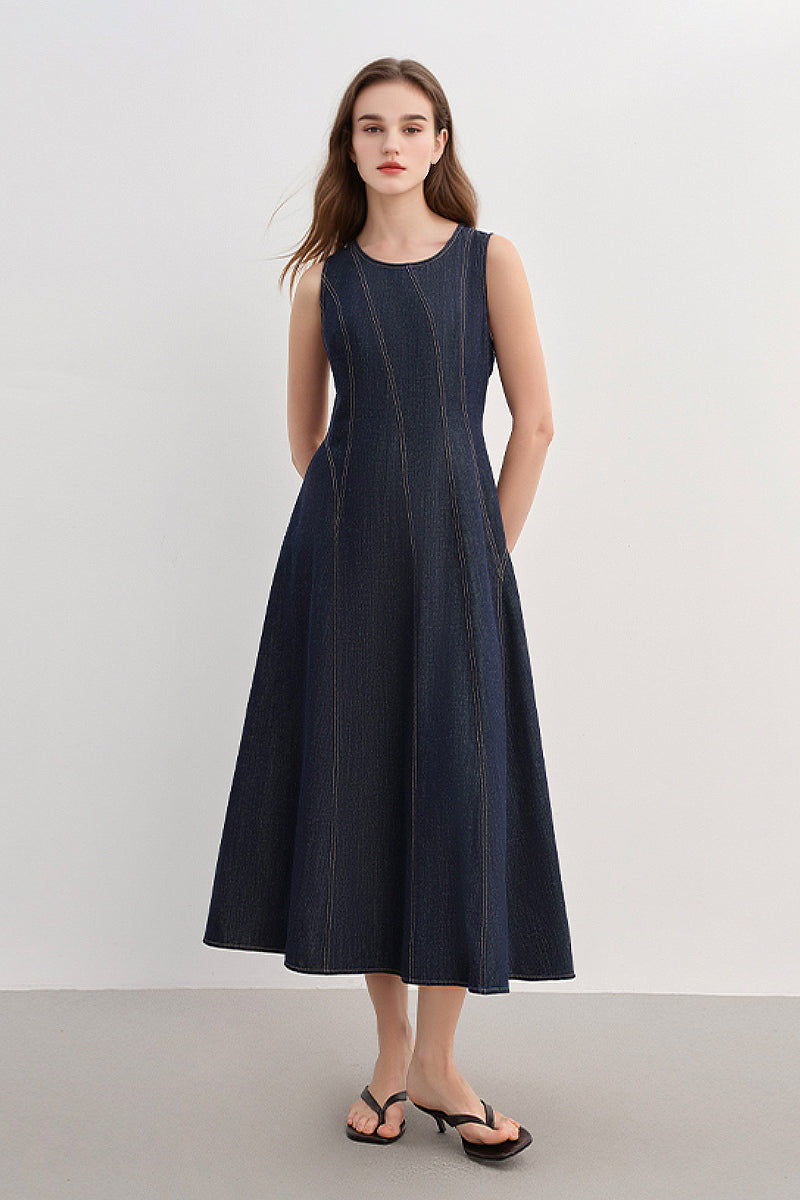 Denim Sleeveless A-Line Midi Dress XS / Mid Night Blue Denim / 66.6% Cotton 23.4% Lyocell 10% Linen