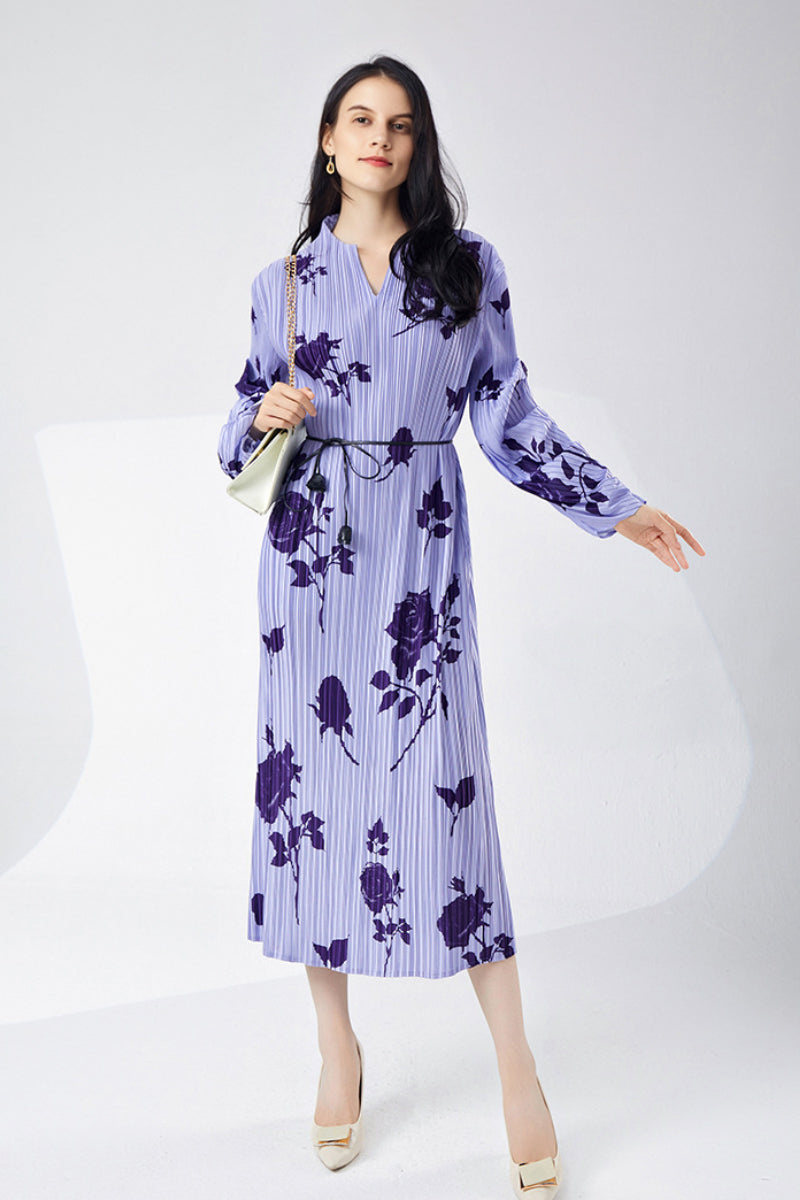 Designer Inspired Pleated Floral Long-Sleeve Midi Dress Lilac Purple / One Size (Flexible fit for US 010) Designer Inspired Pleated Floral Long-Sleeve Midi Dress Lilac Purple / One Size (Flexible fit for US 010)