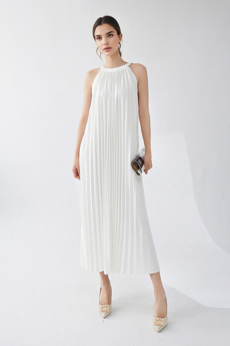 Designer Inspired Pleated Flowy Halter-Neck Midi Dress in White Designer Inspired Pleated Flowy Halter-Neck Midi Dress in White