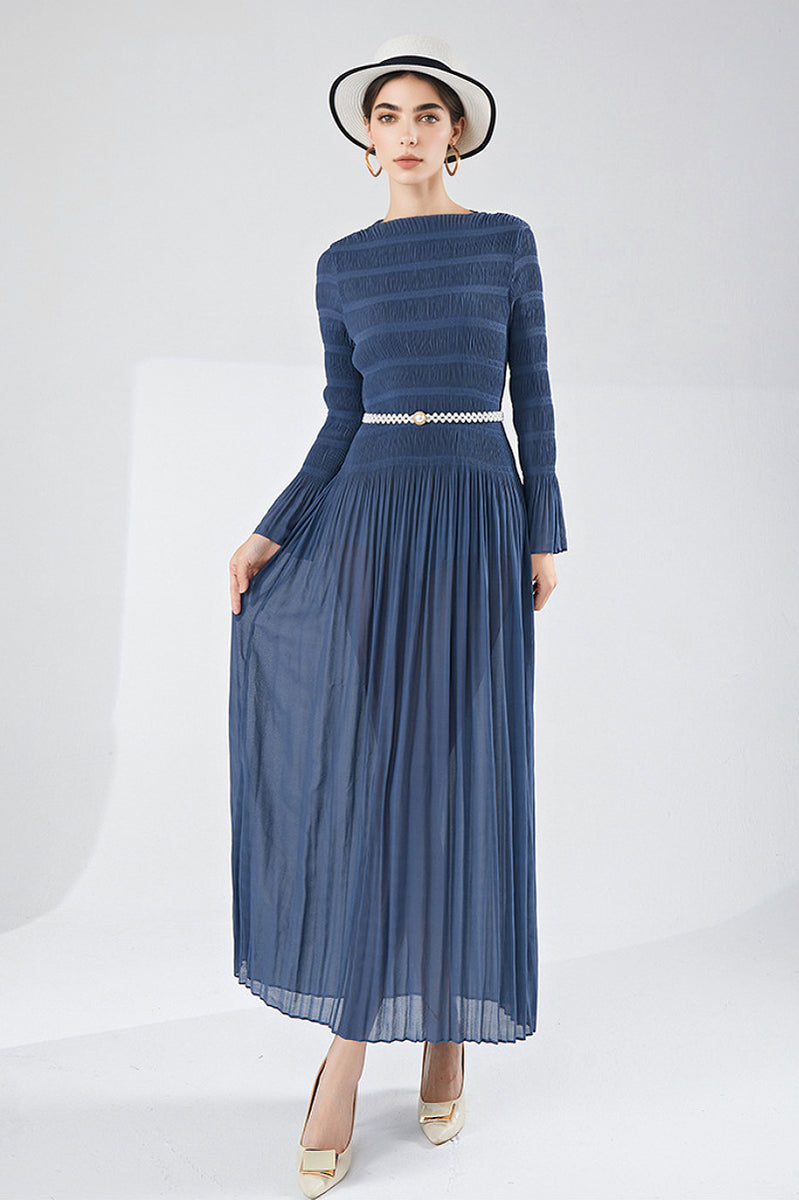 Designer Inspired Pleated Long Sleeve Smocked Maxi Dress in Slate Blue