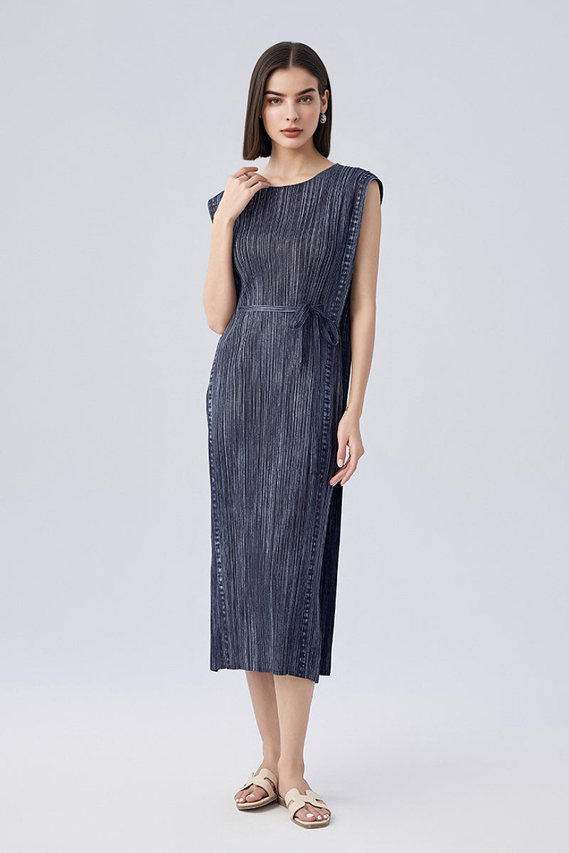 Designer Inspired Pleated Sleeveless Midi Dress Salt N Pepper Grey / One Size (Flexible fit for US 0–6)