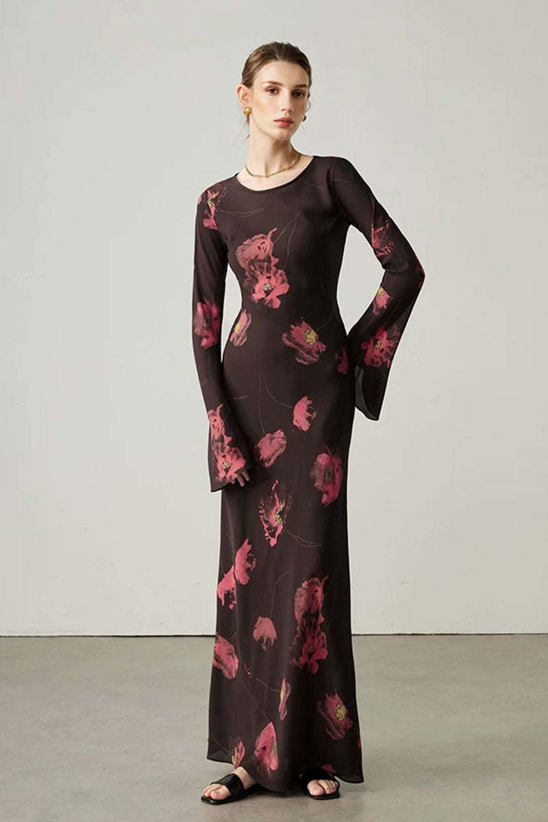 Elegant Silk Floral Long Sleeve Maxi Dress Reddish Brown / M
