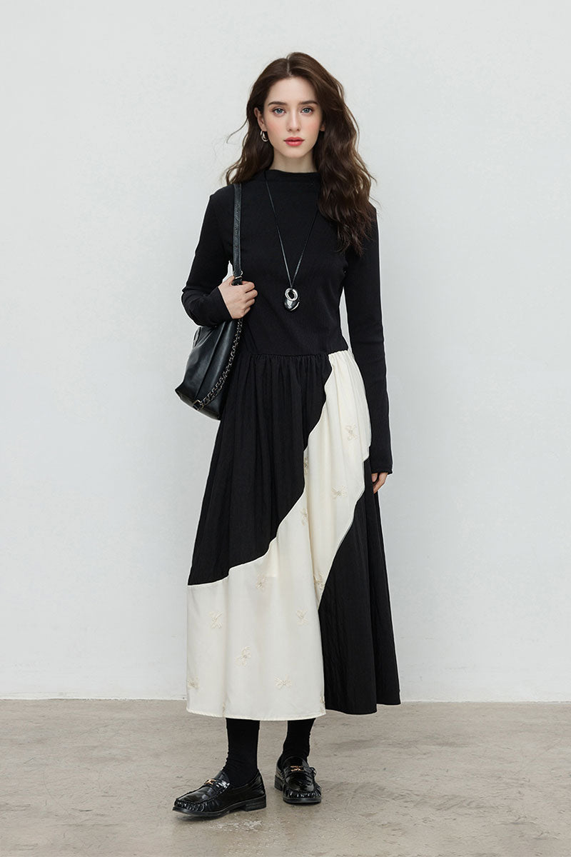 Fit & Flare Long-Sleeve Midi Dress with Lace Patchwork S / Black / Upper Body Material: 46.5% Rayon 46.5% Cotton 7% Spandex Lower Body Material: 71%
