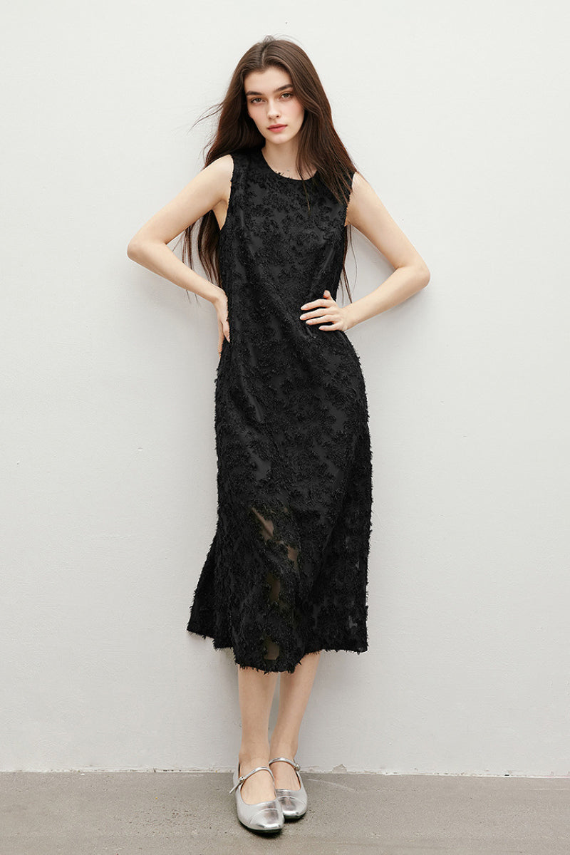 Black Floral Applique Sleeveless Dress PM / Black / 100% Polyester