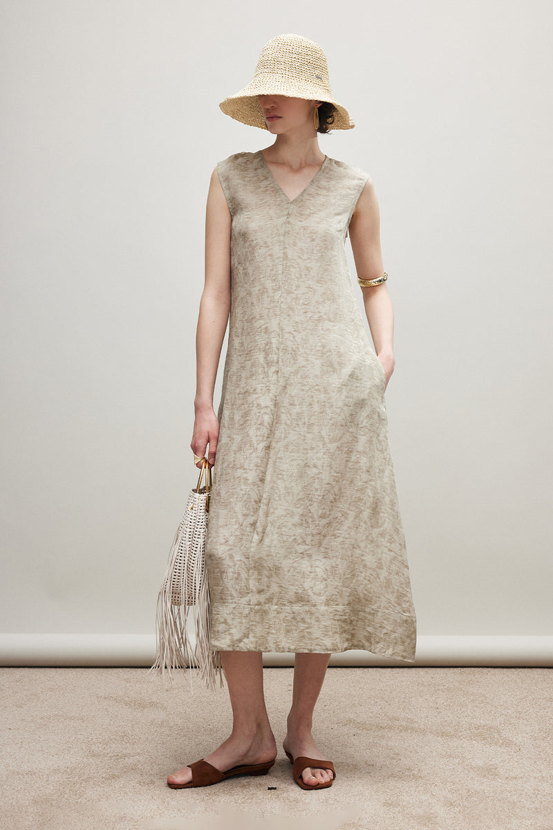 flowy linen dress Silk Sleeveless A-Line Midi Oatmeal Beige / XS effortless silhouette Military Green Linen Maxi Dress,