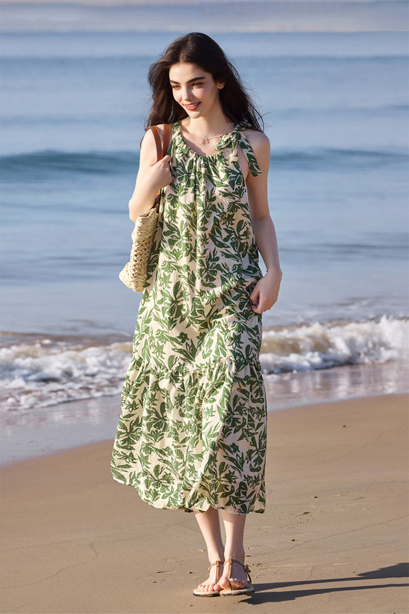 slim fit dress slacks Green Floral Halter-Neck Beach Midi Dress L / Green Floral / 80% Viscose 20% Cotton