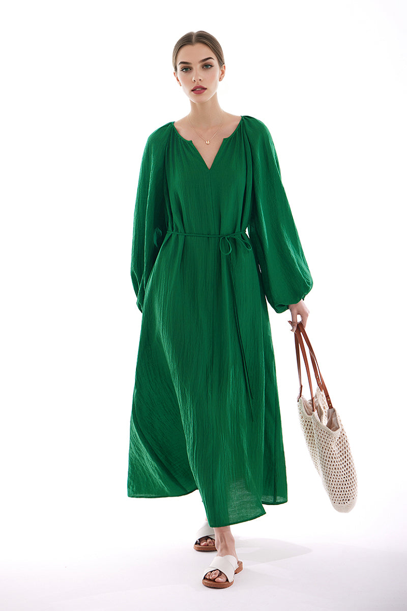 Green Lantern-Sleeve V-Neck Maxi Dress M / Prairie Green / 86% Viscose 11% Polyester 3% Polyamide