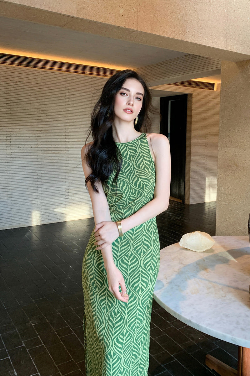 Green Paisley Print Sleeveless Maxi Dress Avocado Green / XS / 90% Viscose 10% Nylon