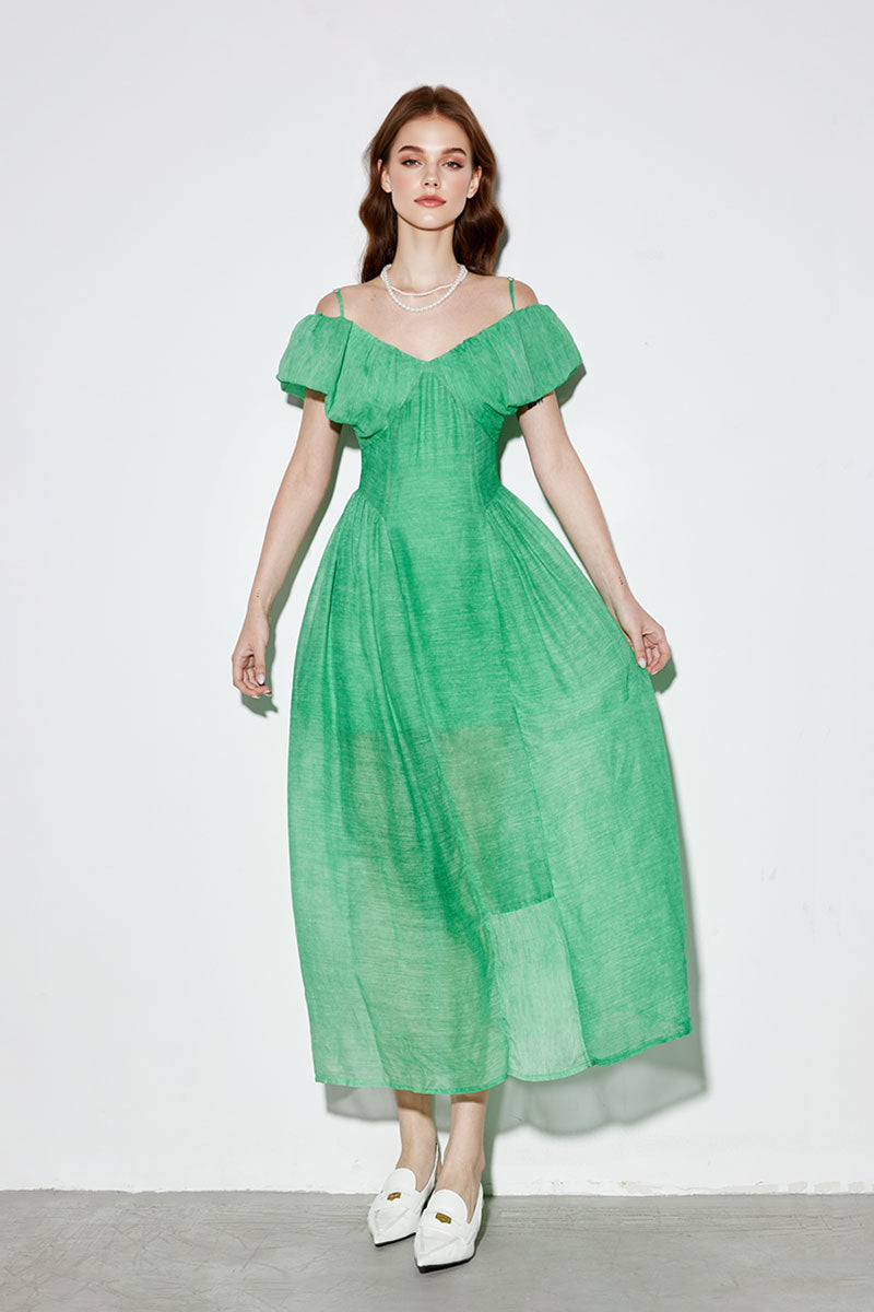Fibflx Women's Green Silk-Wool Off-the-Shoulder A-Line Maxi Dress Fibflx Women's Green Silk-Wool Off-the-Shoulder A-Line Maxi Dress