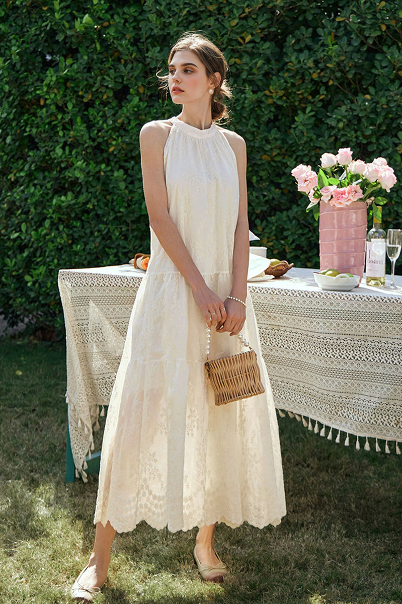 Ivory Embroidered Halter-Neck Tiered Midi Dress with Lace Hem M / White / 100% Custom Fabric