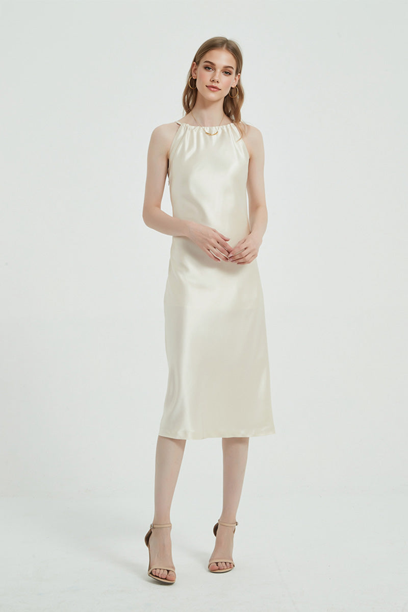 Ivory Halter-Neck Midi Slip Dress in Triacetate-Blend S / Ivory / 72% Triacetate 28% Polyester