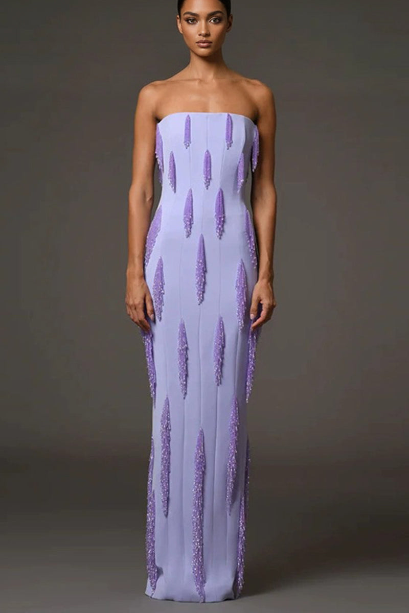 Lavender Strapless Beaded Fringe Maxi Evening Dress Enchanted Purple / XS