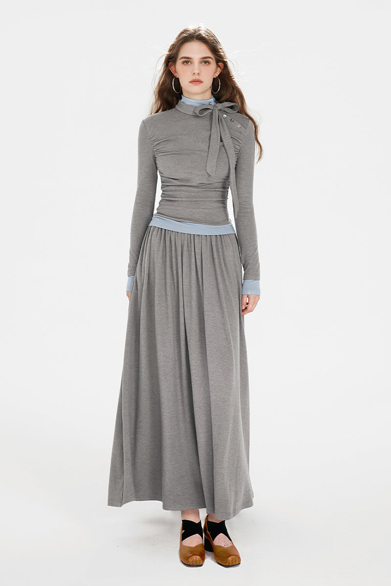 Long-Sleeve Ruched Fit & Flare Maxi Dress with Bow | FIBFLX
