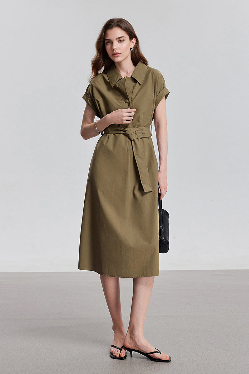 olive green cotton dress Olive Green Warm Cotton Waffle Fit and Flare Short Dress 48" / Regular (5'2"