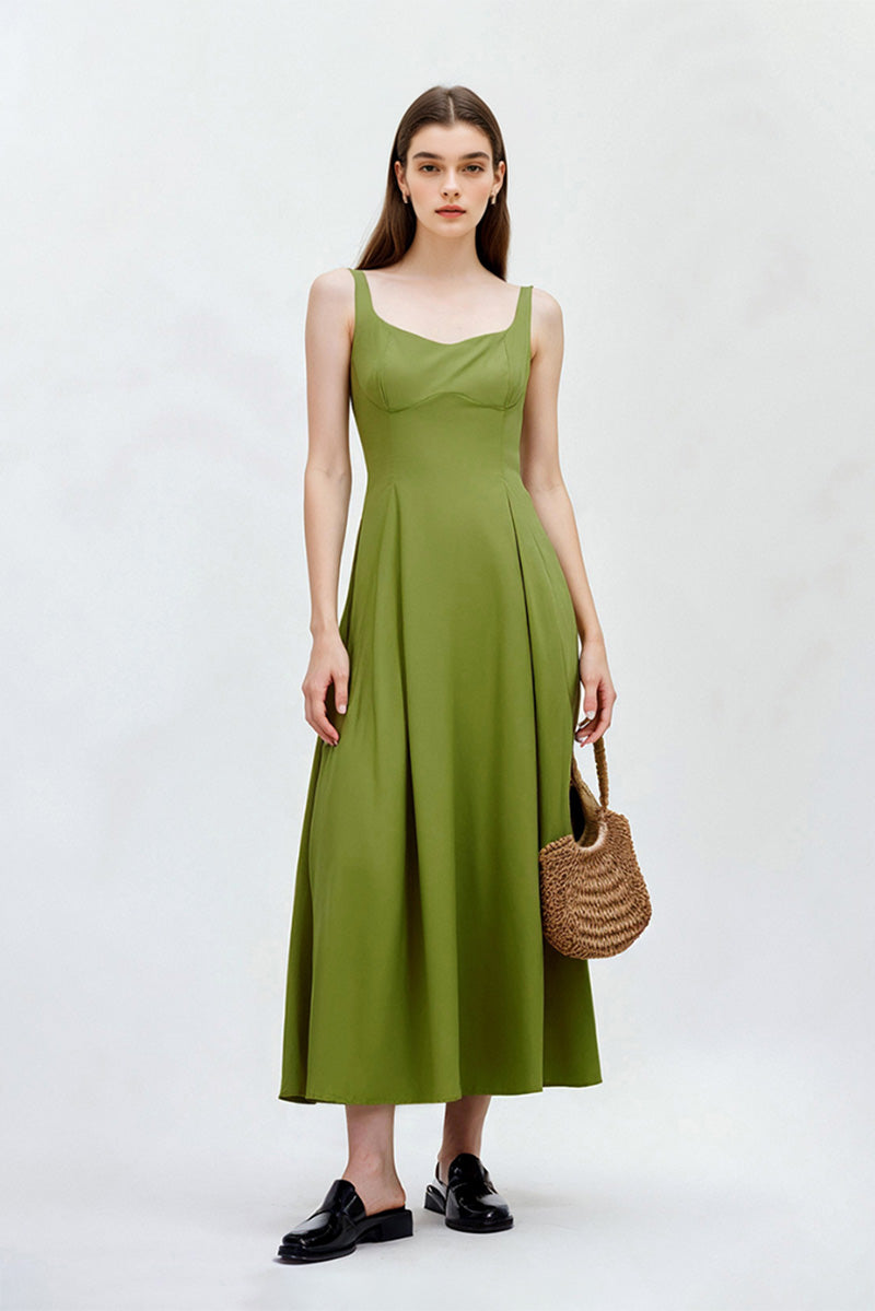 slim fit dress slacks Olive Green Sleeveless Fit & Flare Midi Dress S / Avocado Green / 65% Polyester 26% Viscose 9% Polyamide