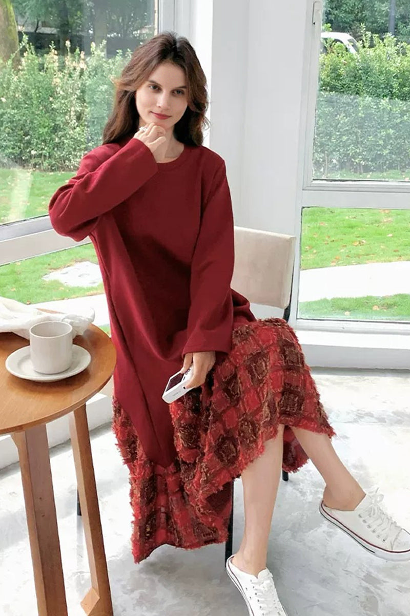 sweatshirt midi dress Oversized Long Sleeve Mixed Media Brick Red / M An easy sweatshirt silhouette Boho Cream Long Dresses Cebalray Collection Size:SIZE 5