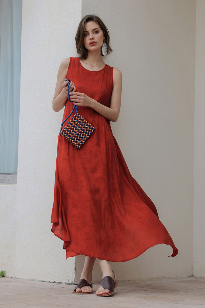 asymmetrical tiered maxi dress Dresses Long Red Sundress Uneven Floral Red Sleeveless Maxi With Floral Print Size:EU44 Tie-detailed pleated printed silk Vintage Wedding Dresses