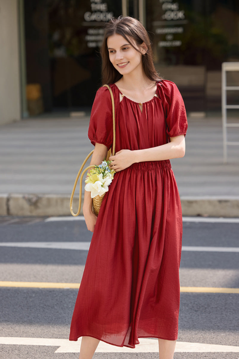 Red Beaded Puff-Sleeve A-Line Midi Dress Brick Red / M Red Beaded Puff-Sleeve A-Line Midi Dress Brick Red / M