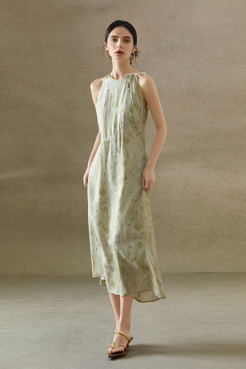 Sage Green Jacquard Halter Midi Dress with Shoulder Bow Lime Sherbet Green / S