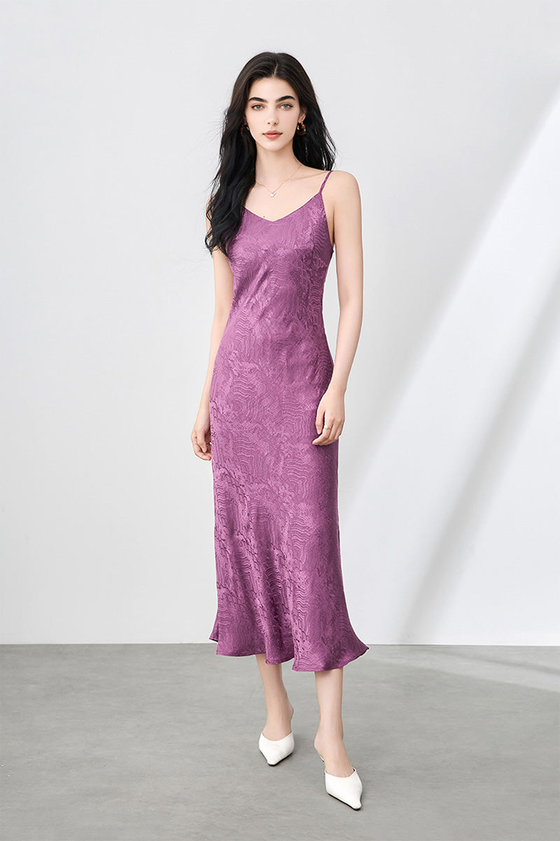 satin jacquard midi dress Satin Jacquard V-Neck Midi Slip Dress XS / Plum Purple / 100% Acetate