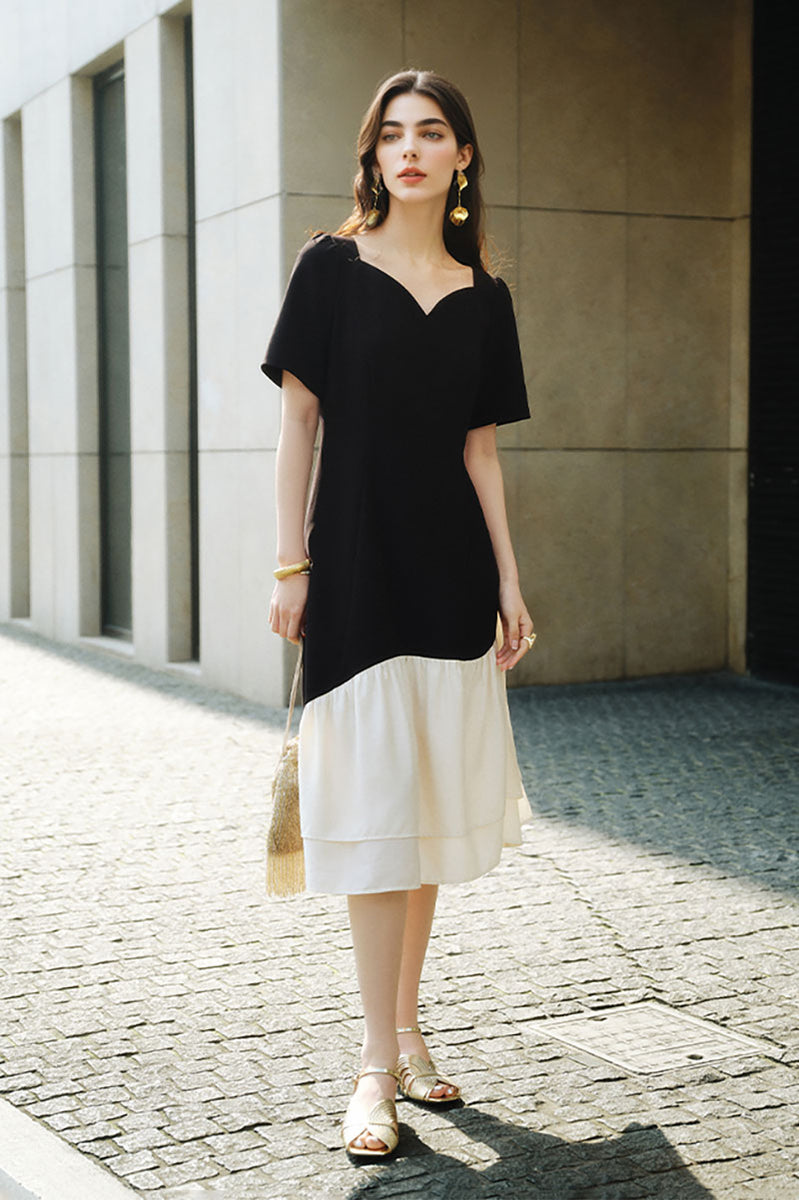 Short-Sleeve Sweetheart-Neck A-Line Midi Dress Black / S Short-Sleeve Sweetheart-Neck A-Line Midi Dress Black / S