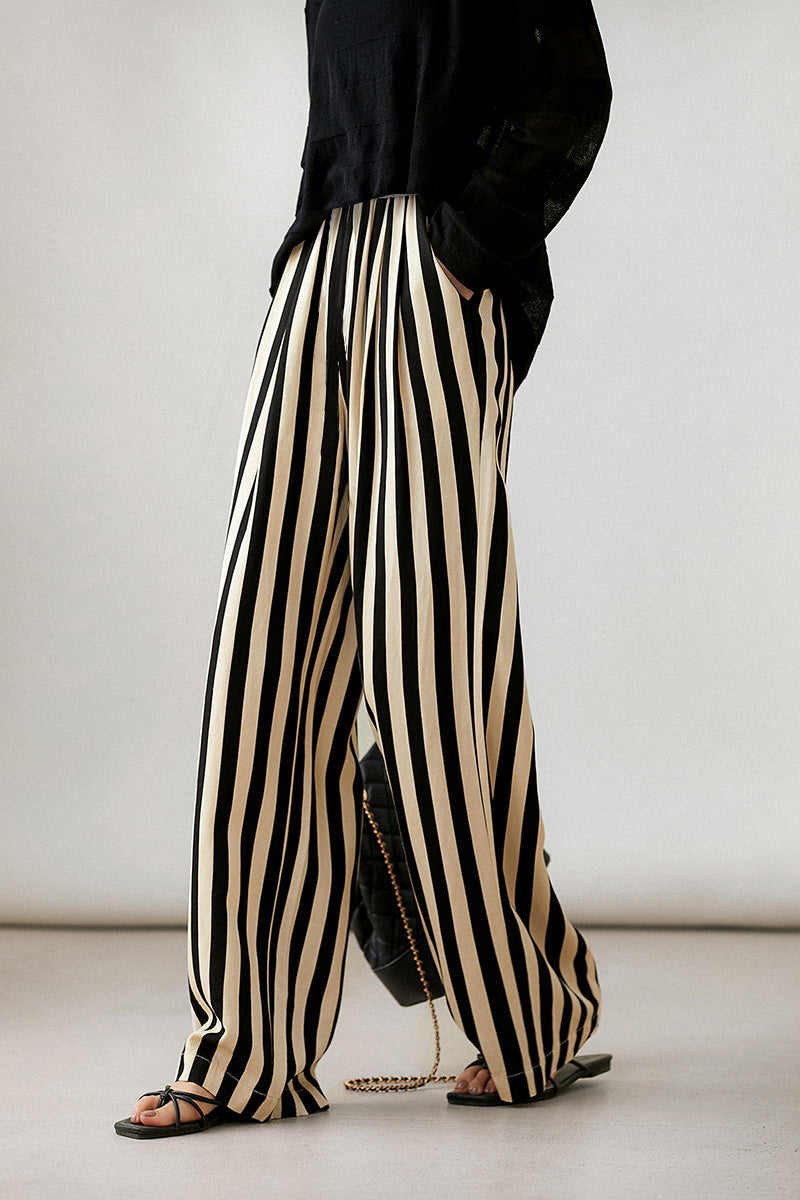 Striped Linen-Blend Pull-On Wide-Leg Pants