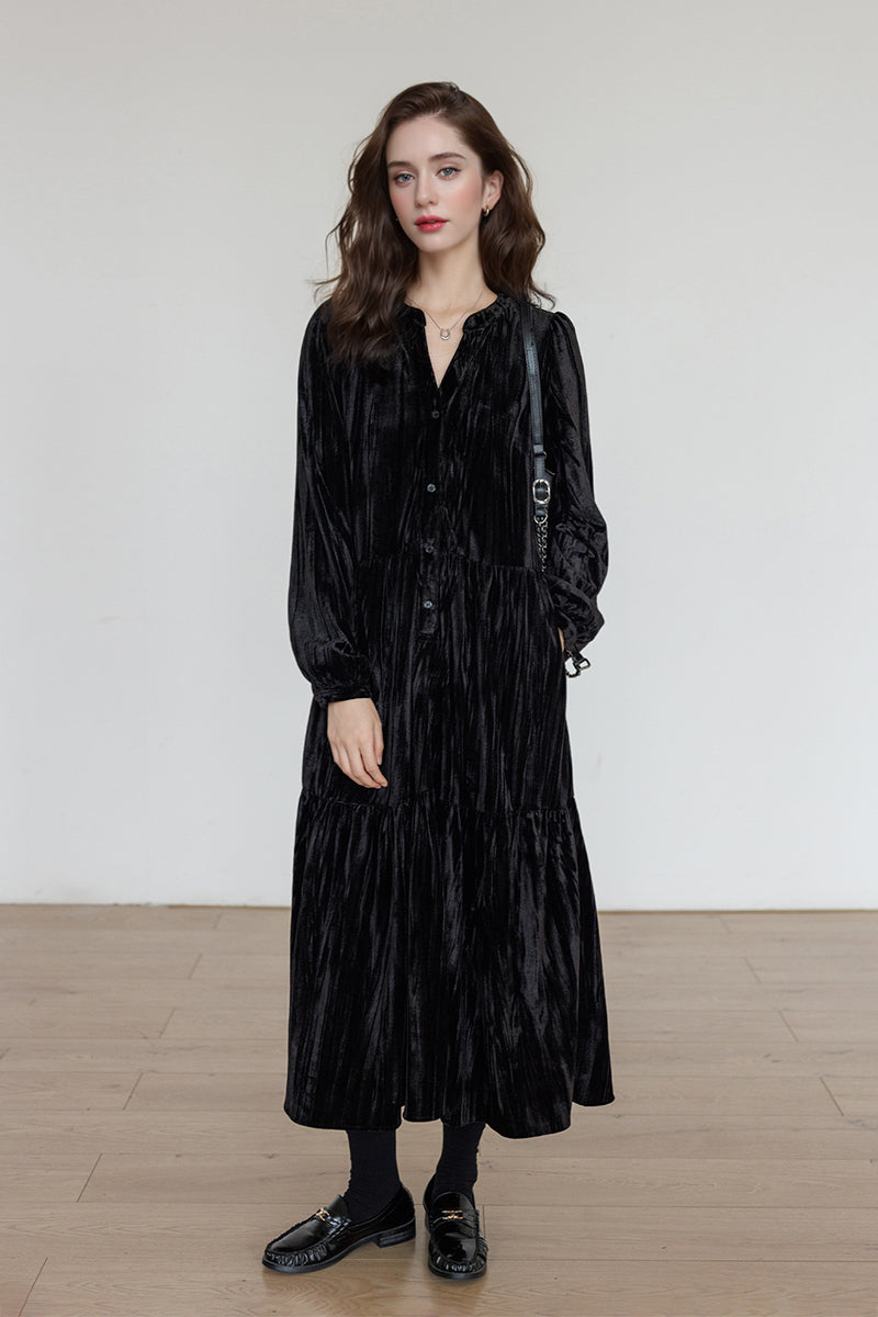 black velvet midi dress long sleeve Tiered Long-Sleeve Button-Down A-Line Velvet Midi Dress XS / Mars Black / 95% Recycled Polyester 5% Spandex