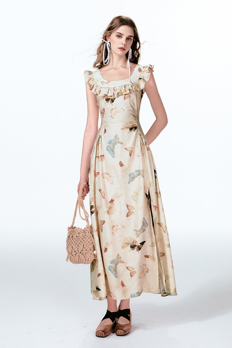 slim fit dress slacks Vintage Butterfly Fit & Flare Ruffle Maxi Dress