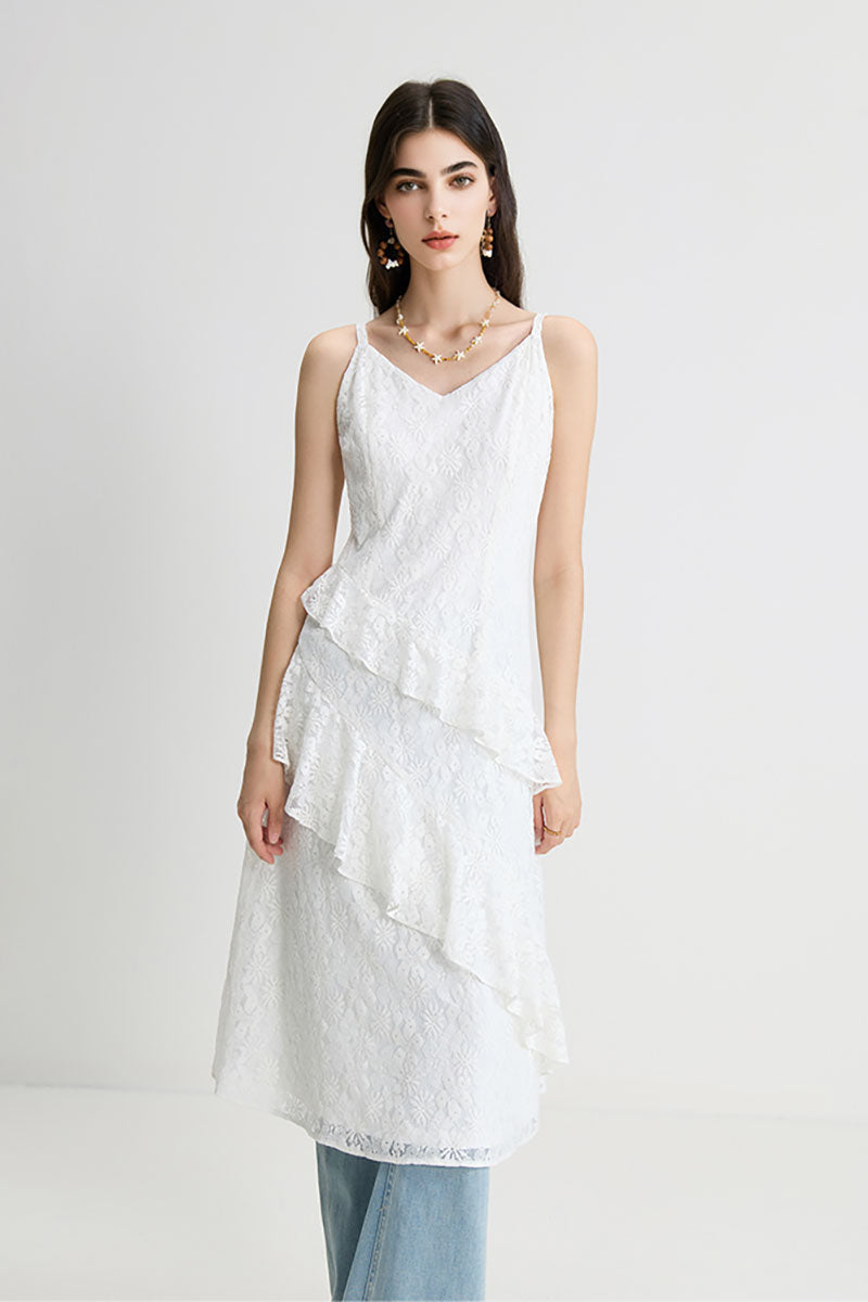 White Lace Tiered Sleeveless V-Neck Midi Dress White / XL White Lace Tiered Sleeveless V-Neck Midi Dress White / XL