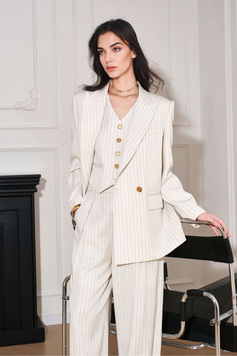 White Pinstripe Three Piece Suit Set | FIBFLX