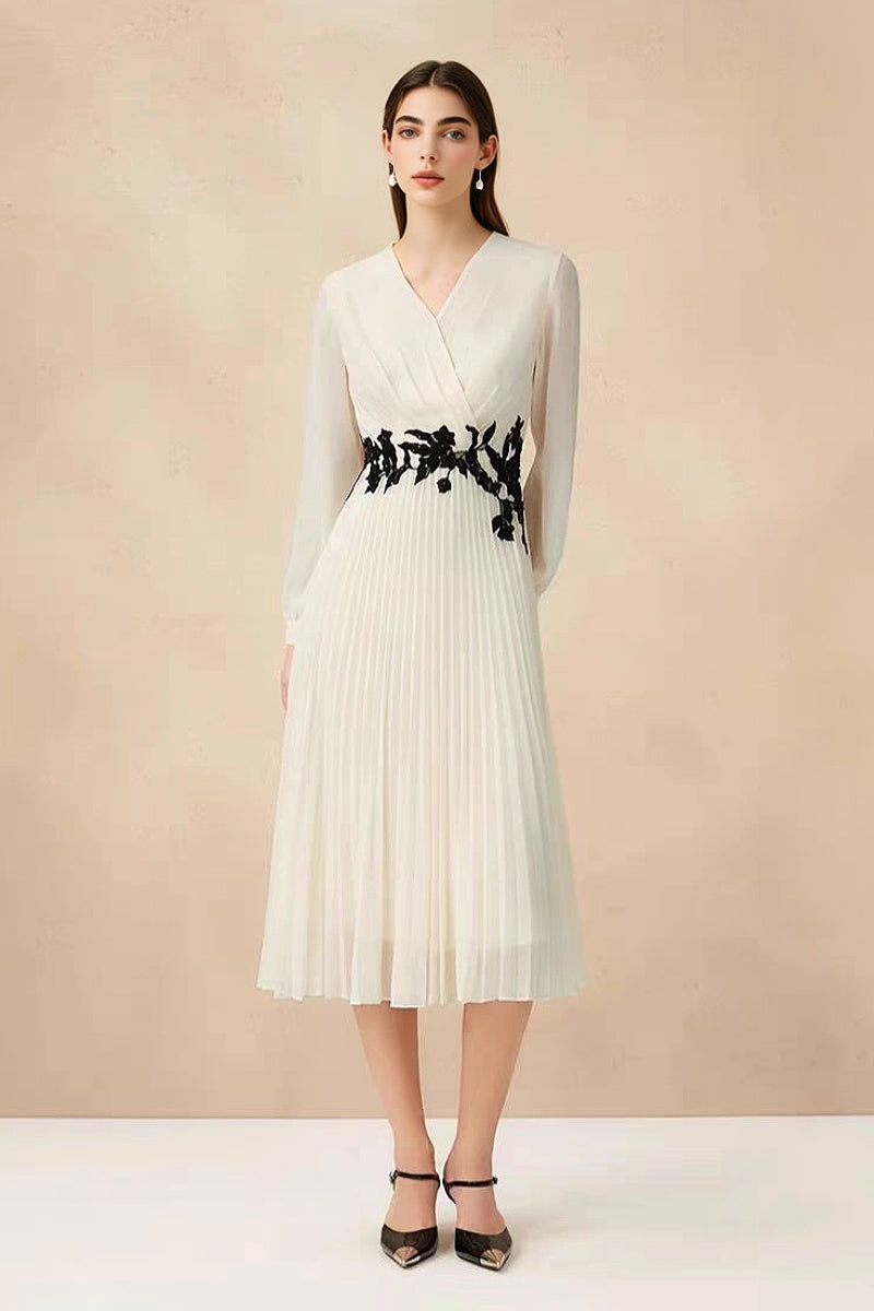 White Pleated Hand Embroidered Long-Sleeve Midi Dress White / S White Pleated Hand Embroidered Long-Sleeve Midi Dress White / S