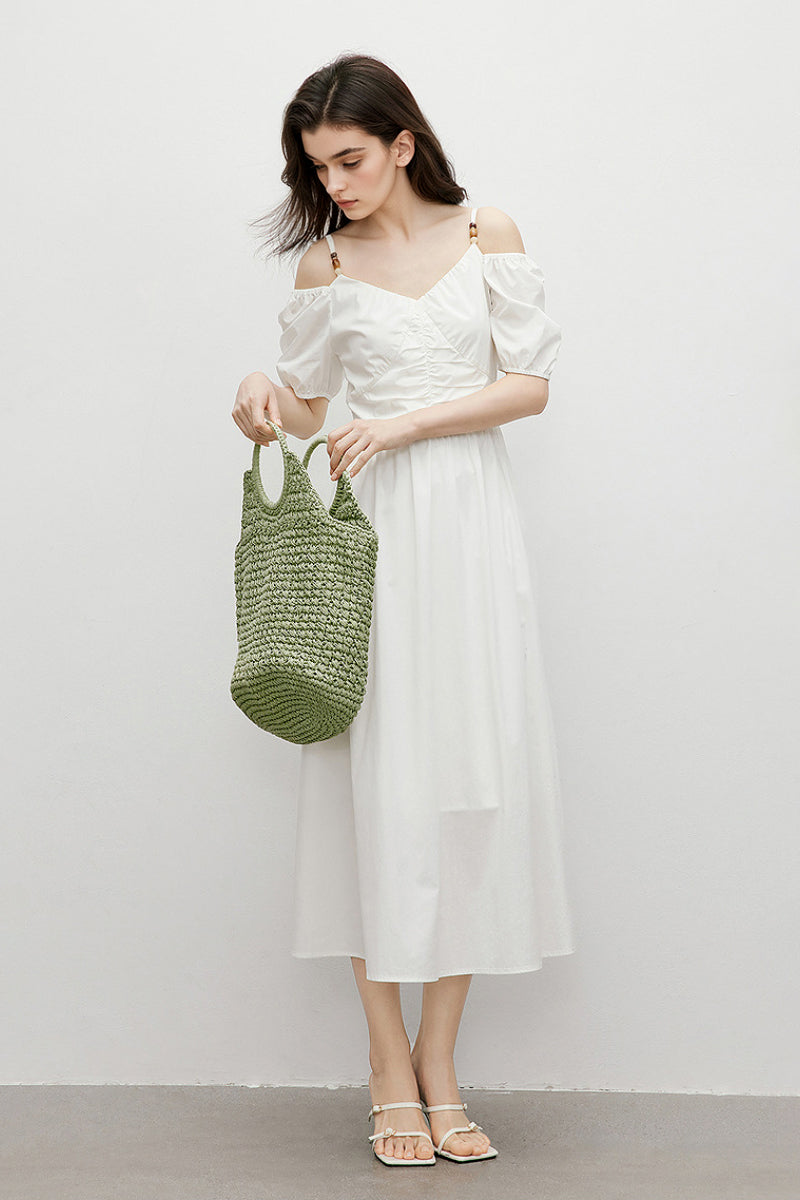 Fibflx Women's White V-Neck Beaded Strap Midi Dress Fibflx Women's White V-Neck Beaded Strap Midi Dress