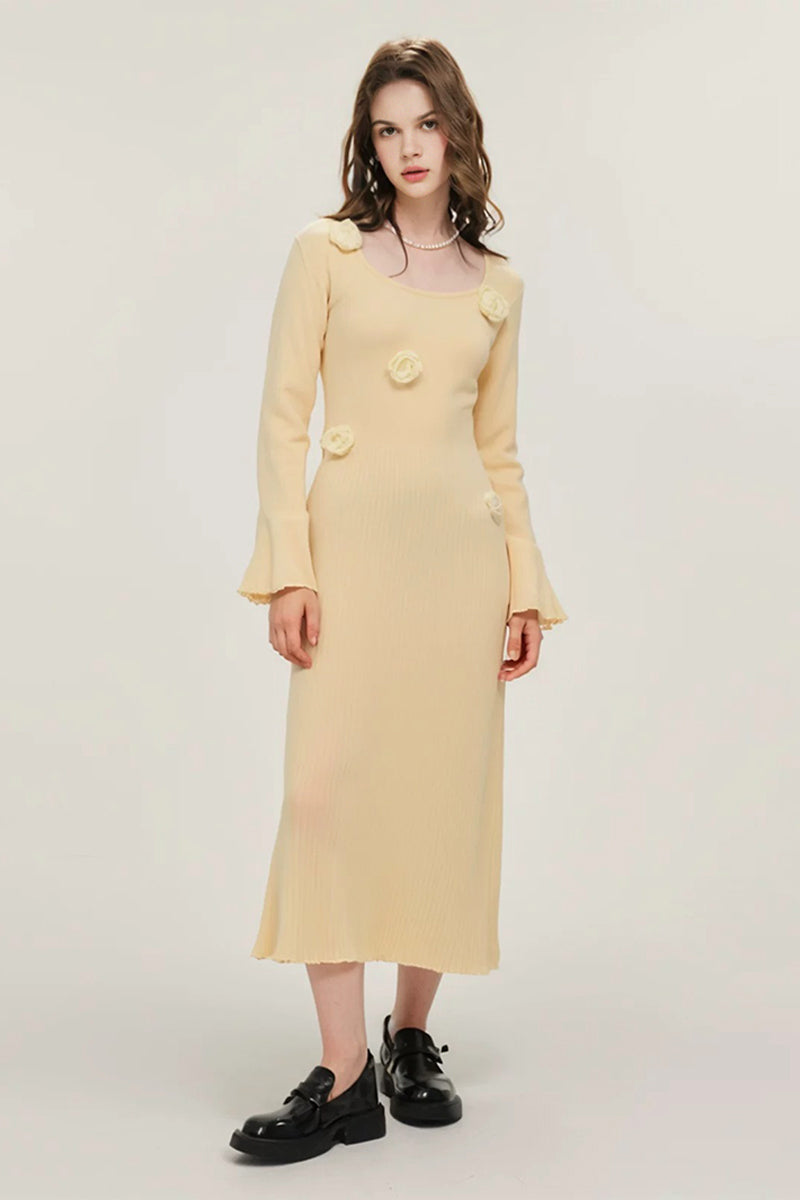 yellow knit dress with flowers Yellow Floral Appliqué Long Sleeve Midi Sweater Dress Mellow Yellow / M