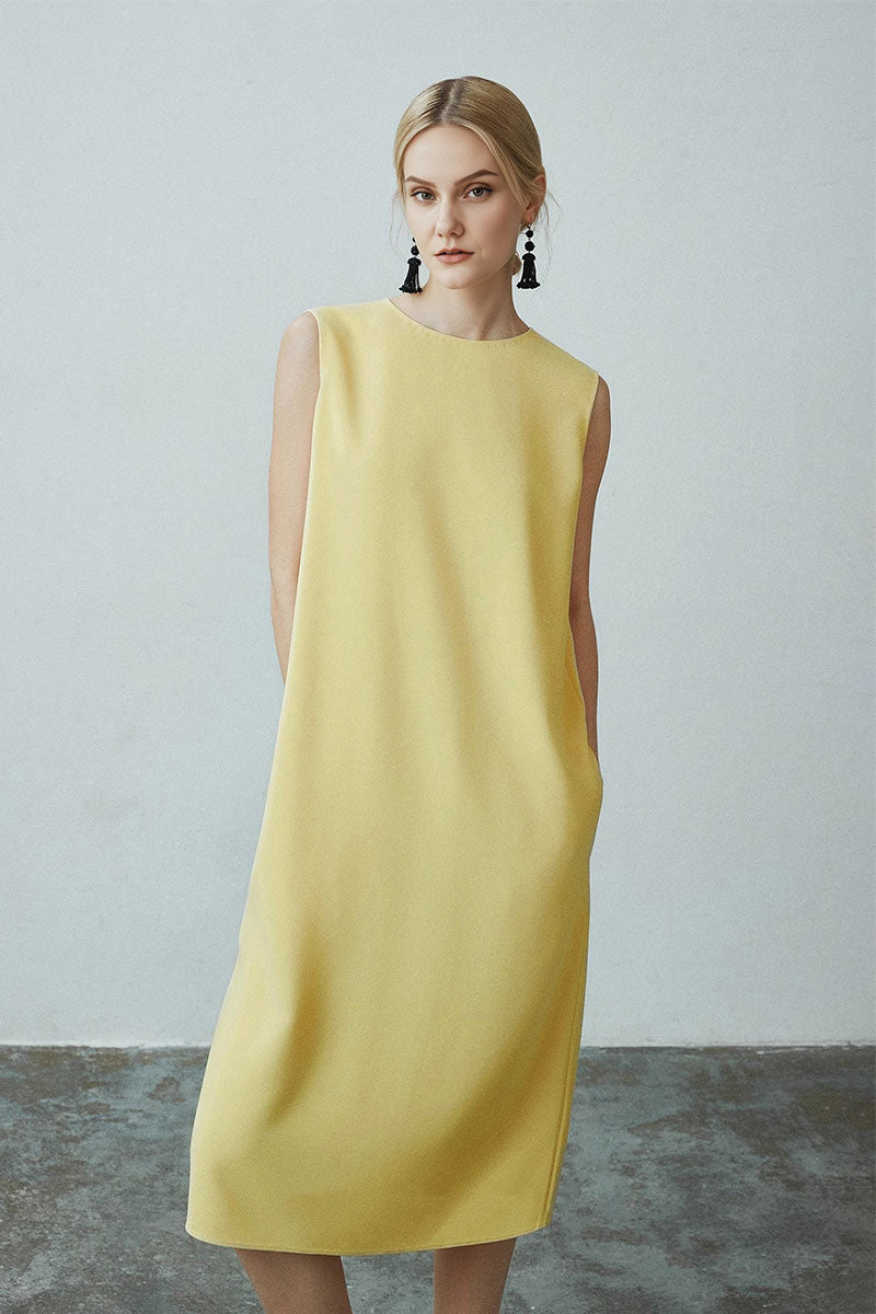 Yellow Triacetate-Blend Midi Shift Dress with Pockets M / Pale Yellow / 69.8% Triacetate 30.2% Polyester Yellow Triacetate-Blend Midi Shift Dress with Pockets M / Pale Yellow / 69.8% Triacetate 30.2% Polyester