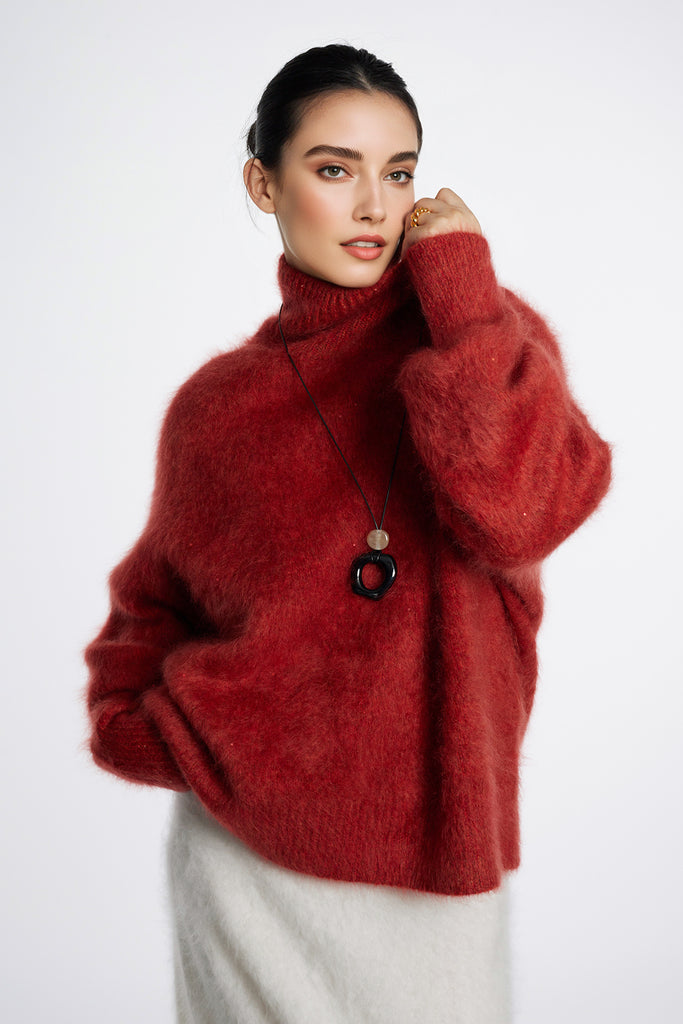 Chunky Brushed Cashmere Sequined Marled Turtleneck Sweater Cherry Red / L (US 14-18) / 100% Cashmere (Weight: Fibflx