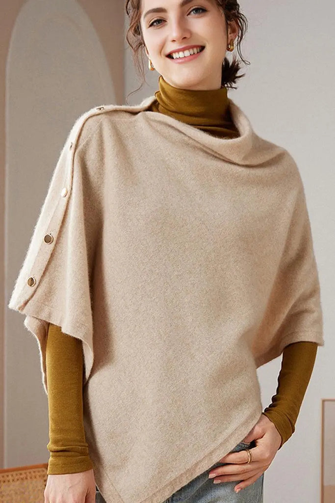 Fibflx Women's 100 Cashmere Button-Up Poncho Sweater