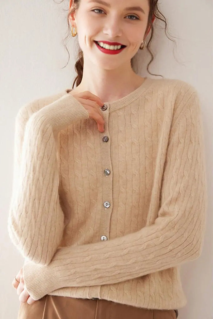 Fibflx Women's 100 Cashmere Cable-Knit Crewneck Cardigan