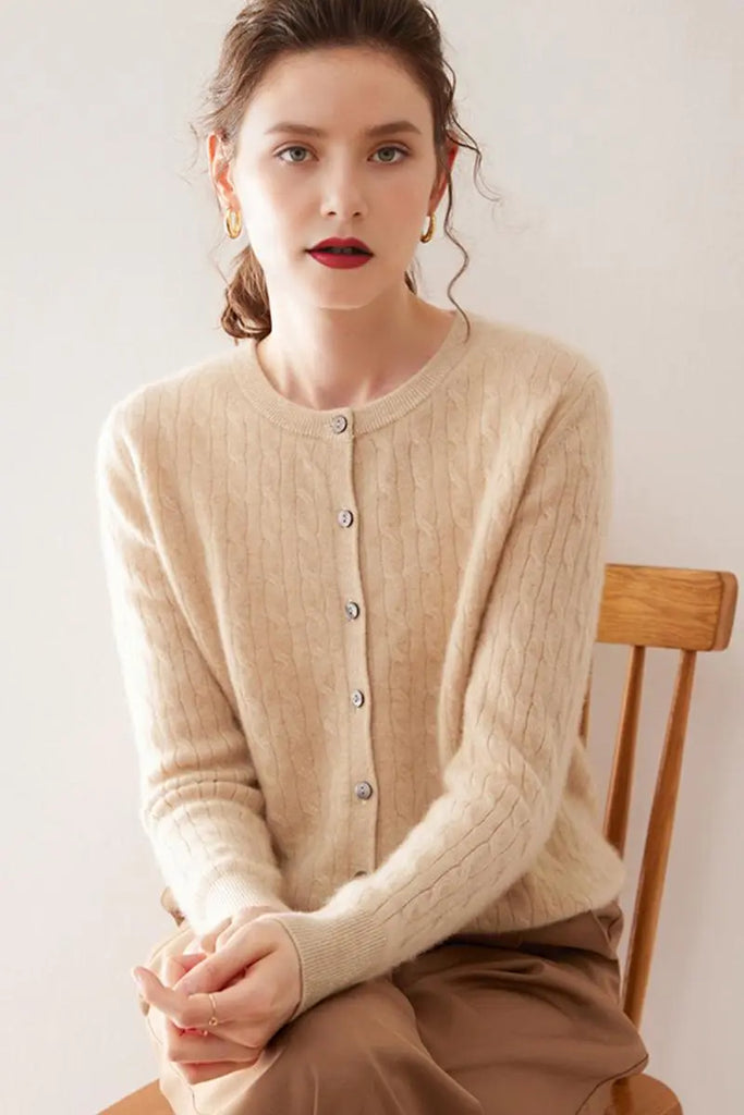 Fibflx Women's 100 Cashmere Cable-Knit Crewneck Cardigan