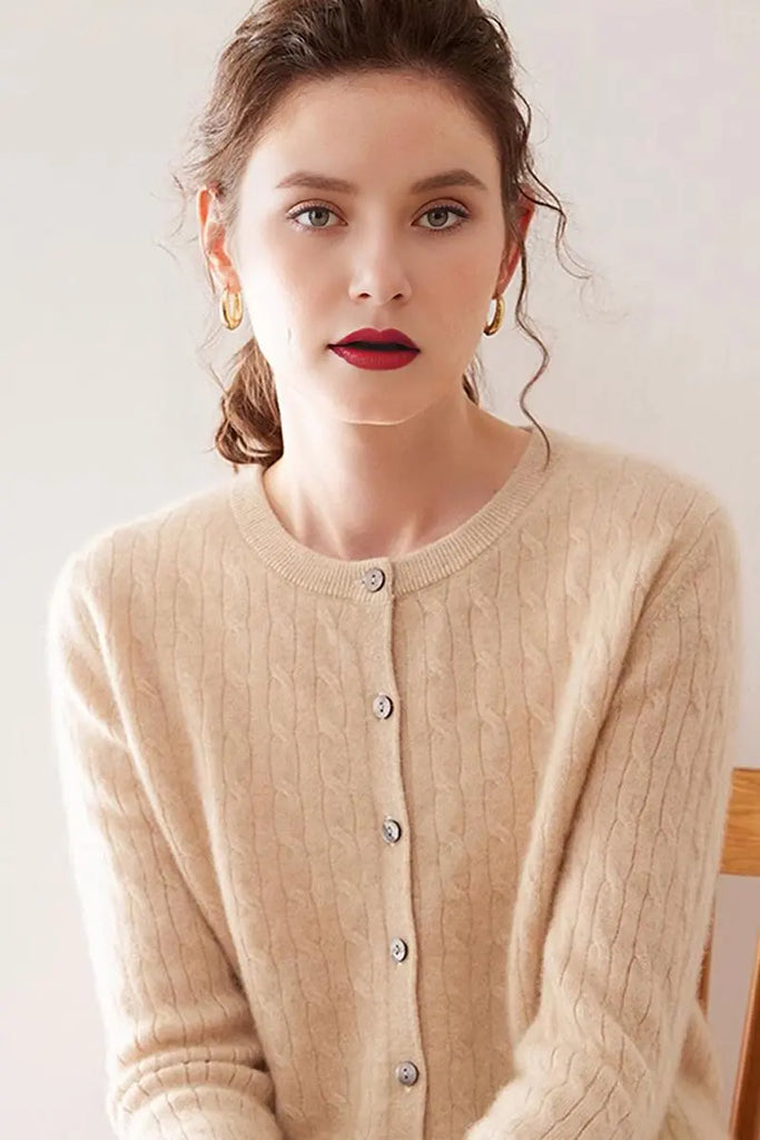 Fibflx Women's 100 Cashmere Cable-Knit Crewneck Cardigan